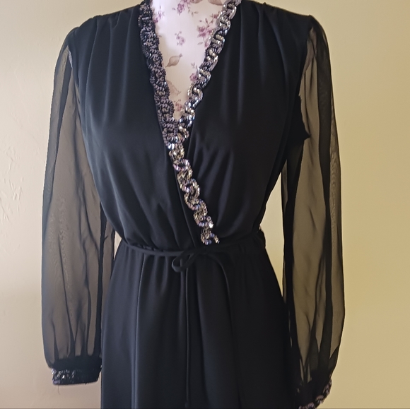 Vintage Union made fancy black sheer sleeve secretary midi dress sequin detail 8 - Picture 2 of 12